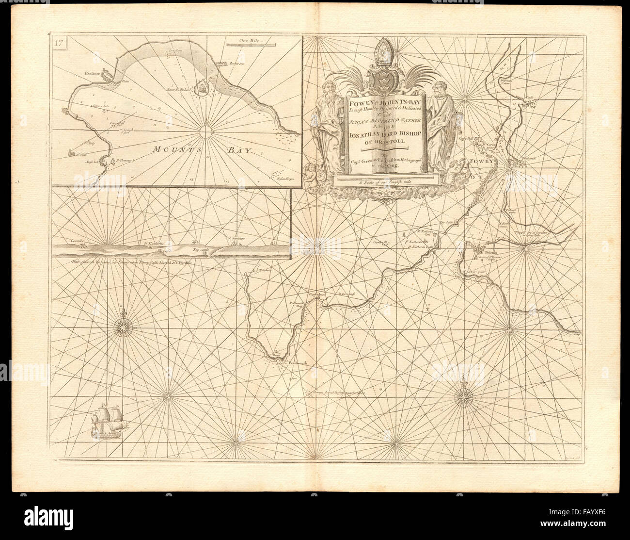 "FOWEY & MOUNTS BAY" Seekarte. Polruan Bodinnick Penzance. COLLINS, c1774 Karte Stockfoto