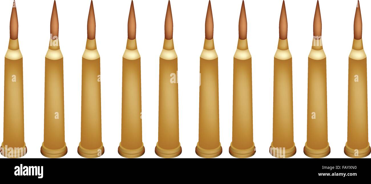 Pistole-Zubehör, eine Illustration Sammlung von zehn Gewehrkugeln oder Munition für Gewehr und Maschinengewehr isoliert auf weißem Hinterg Stock Vektor