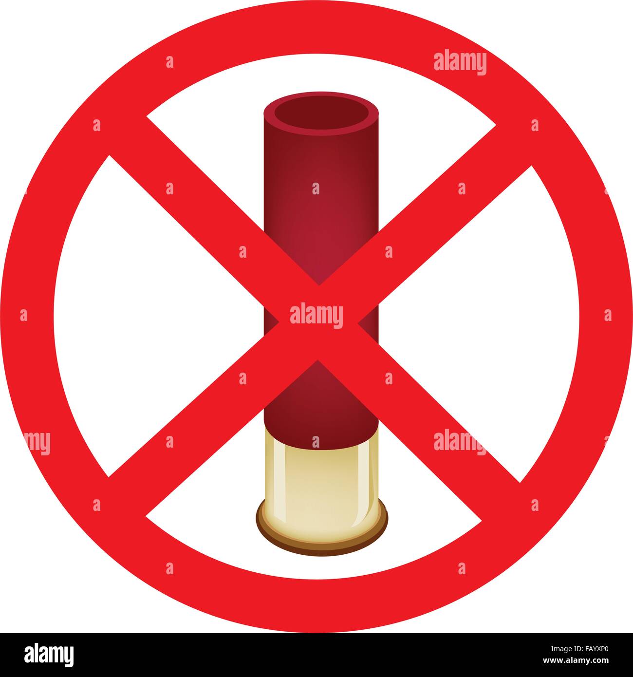 Ein Aufzählungszeichen oder eine Shotgun Shell in keine Anzeichen oder verbotene Zeichen des Konzepts der Gewaltlosigkeit, Isolated on White Background. Stock Vektor