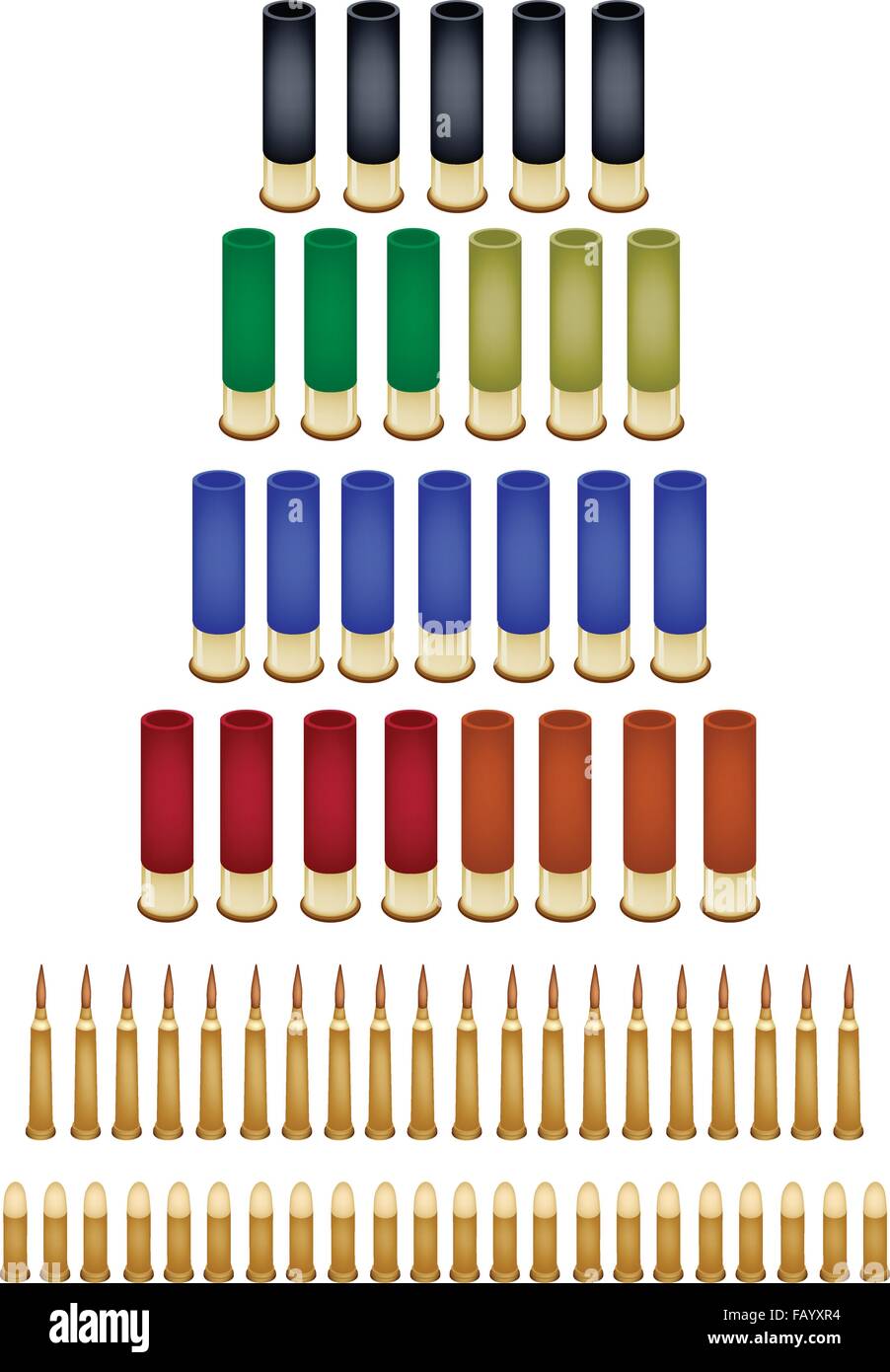 Pistole-Zubehör, eine Illustration Sammlung von Nackthund Kugeln oder Munition und Waffe Shell für Gewehr und Maschinengewehr. Stock Vektor