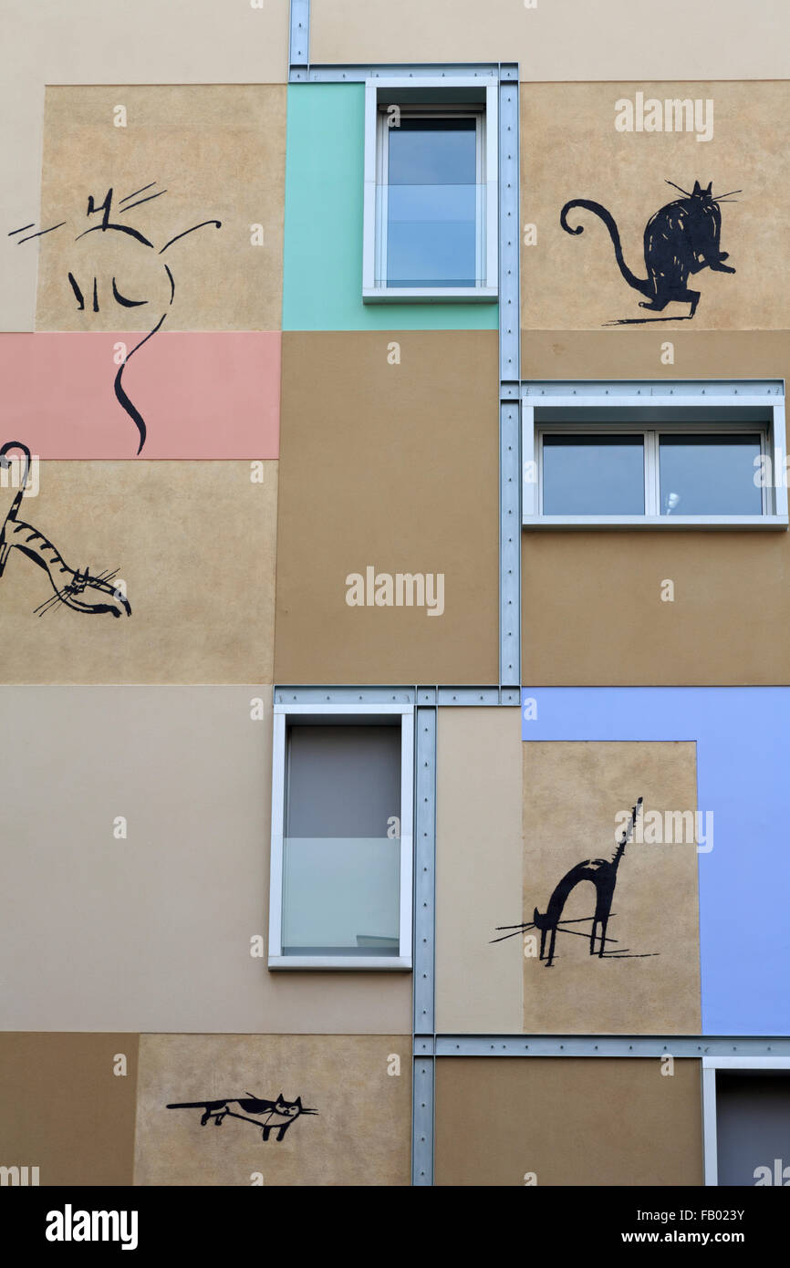 Katze-Wandbild auf Xucla Street, La Rambla, Barcelona, Katalonien, Spanien, Europa Stockfoto