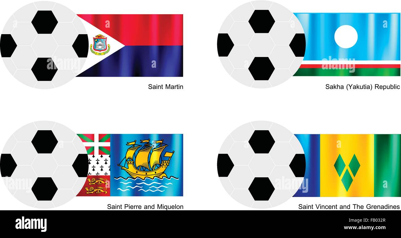 Zur Veranschaulichung der Fußbälle oder Fußbälle mit Flaggen von Saint Martin, Republik Sacha (Jakutien), Saint Pierre und Miquelon und Stock Vektor