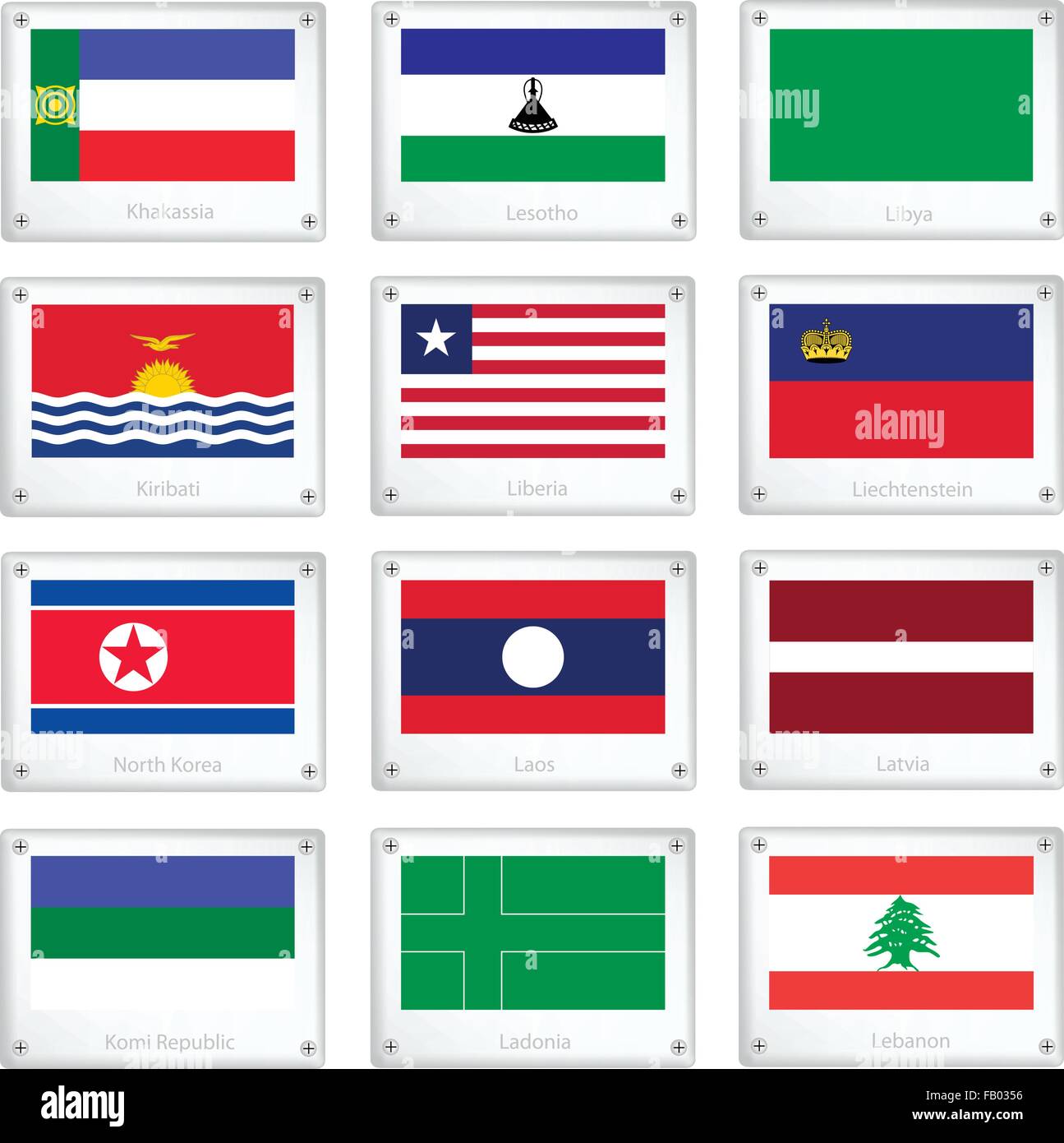 Nationalflaggen von Chakassien, Lesotho, Libyen, Kiribati, Liberia, Liechtenstein, Nordkorea, Laos, Lettland, Republik Komi, Ladonia Stock Vektor