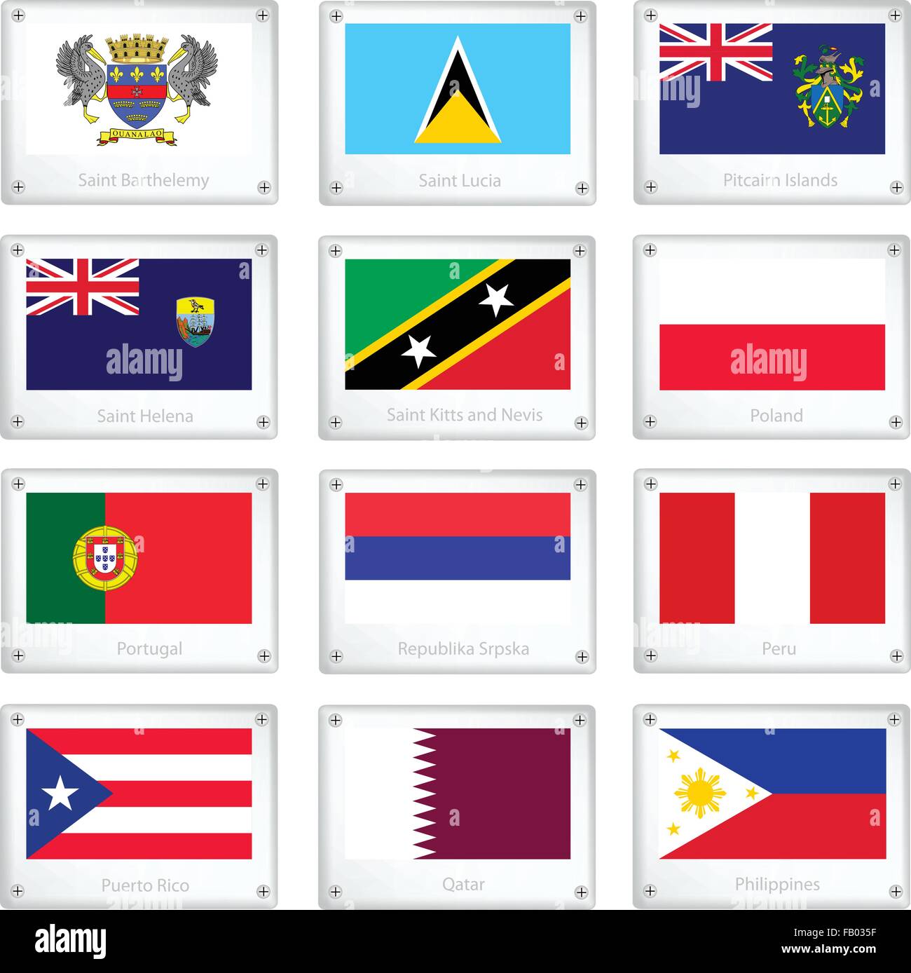 Nationalflaggen der Saint Barthelemy, St. Lucia, Pitcairninseln, St. Helena, St. Kitts und Nevis, Polen, Portugal, Repub Stock Vektor