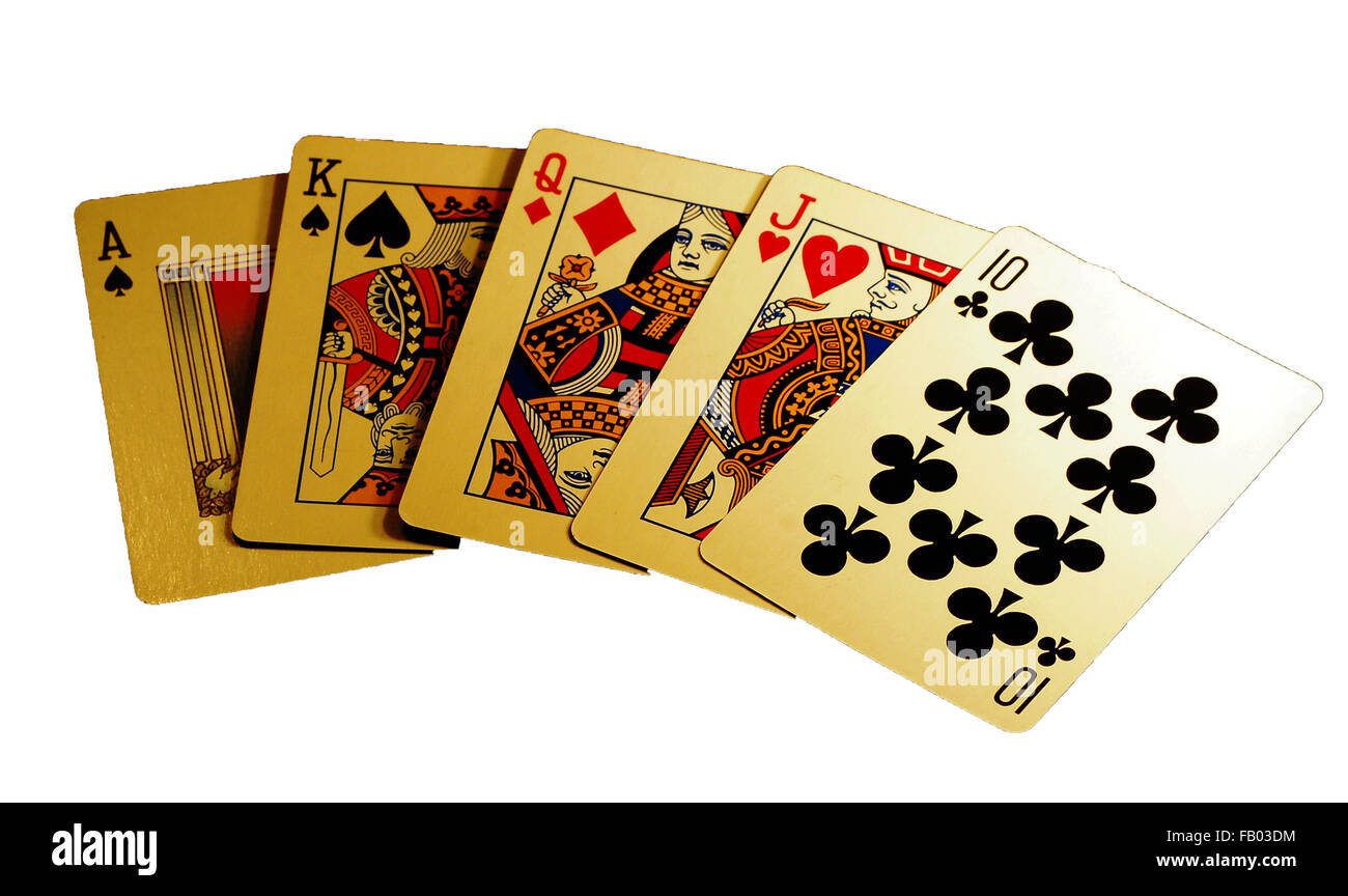 Poker, Pokerhand, gewinnende Hand, Karten, Glücksspiel, Ass, König, Königin, Bube, Club, schwarzer Hintergrund Stockfoto