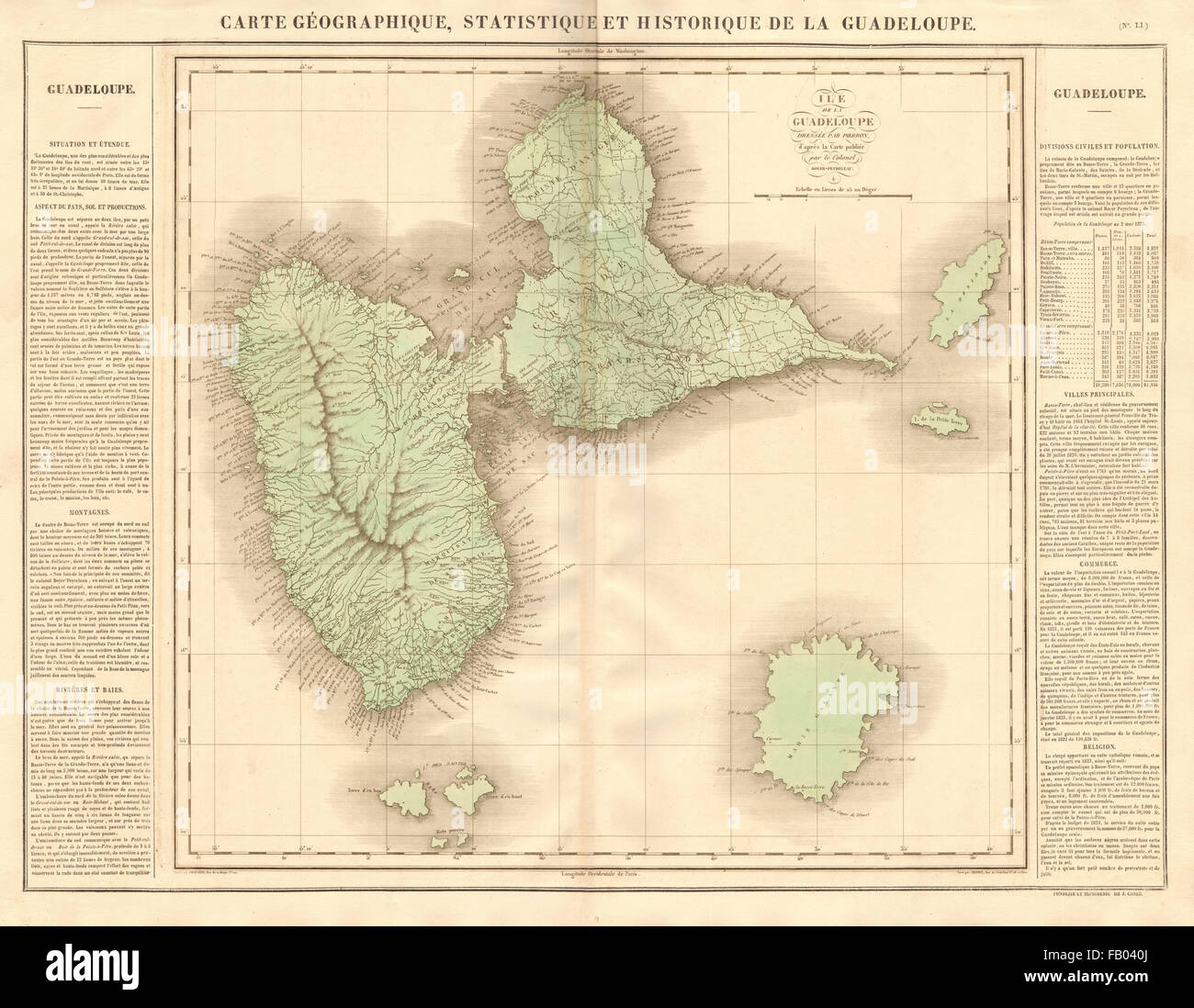 Guadeloupe Marie-Galante Îles de Saintes. Antillen Françaises. BUCHON, 1825-Karte Stockfoto