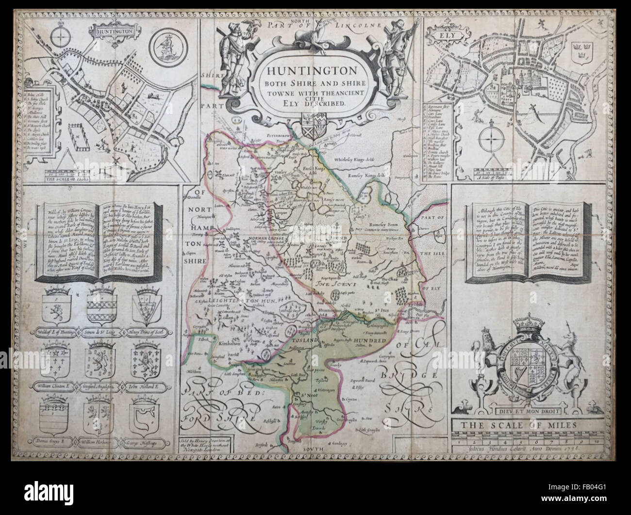 HUNTINGDONSHIRE. "Huntingdon beide Shire & Shire Town..." von JOHN SPEED, 1738 Karte Stockfoto