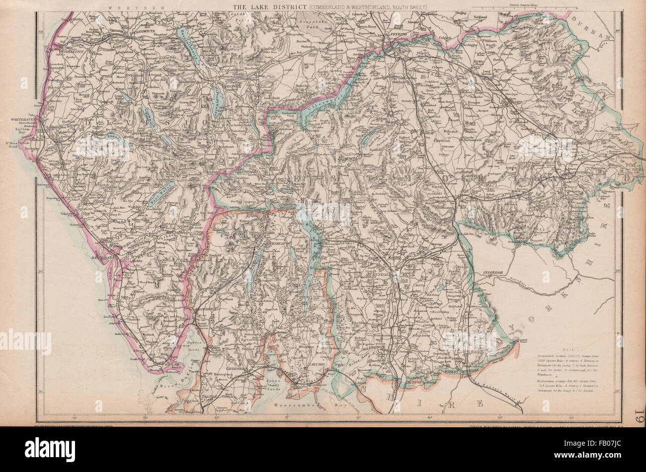 ENGLISCHEN LAKE DISTRICT. Cumberland/Westmorland Süd. Eisenbahnen. WELLER, 1862-Karte Stockfoto