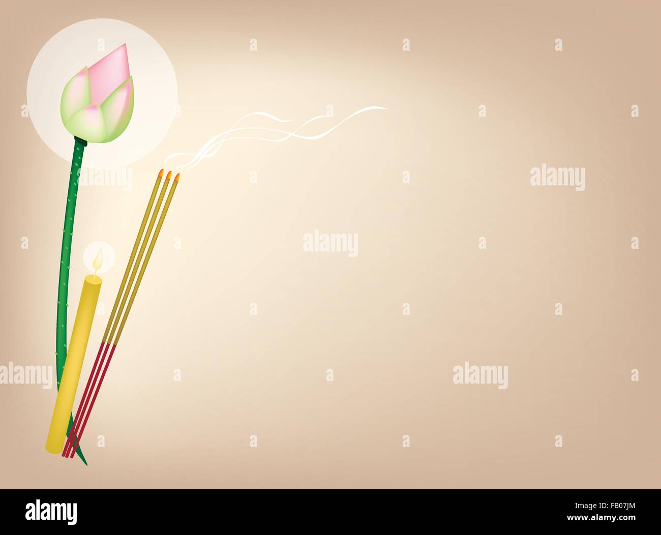 Eine Illustration, die braunen Hintergrund eines rosa Lotusblüte oder Seerose mit Kerzen und Weihrauch-für Buddhistische Gebete Sticks. Stock Vektor