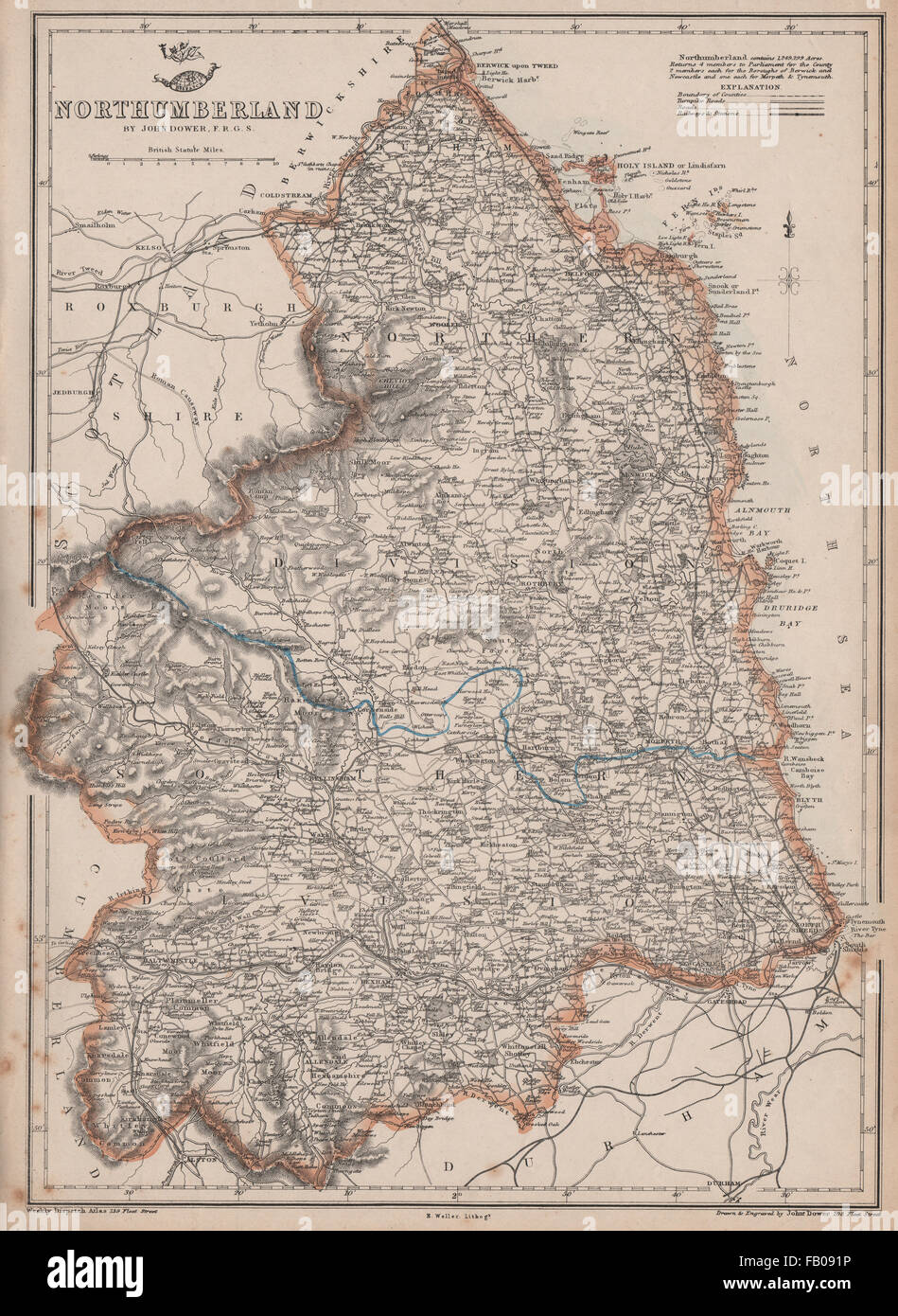NORTHUMBERLAND. Landkreis Karte. Eisenbahn Cheviot Hills Farne Islands.DOWER, 1862 Stockfoto