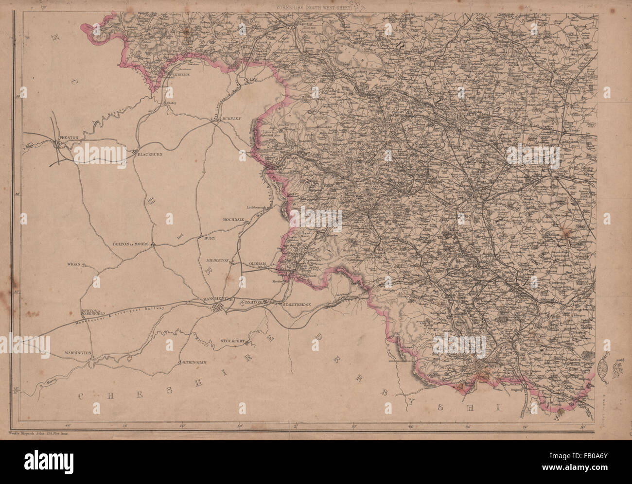 SÜD-WEST YORKSHIRE. Halifax Bradford Leeds Sheffield. WELLER, 1862 alte Karte Stockfoto