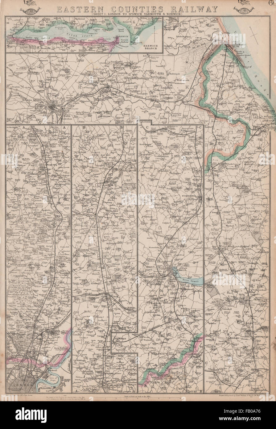 EASTERN COUNTIES RAILWAY 1. London nach Ipswich Yarmouth & Norwich.WELLER, 1862 Karte Stockfoto