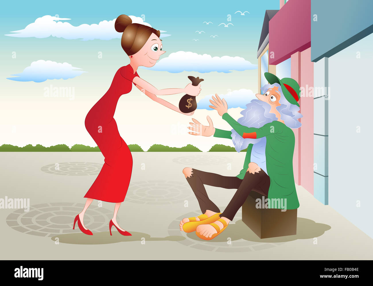 Abbildung einer Dame geben Geld an hungrige Bettler Obdachloser auf Stadt-Hintergrund Stockfoto