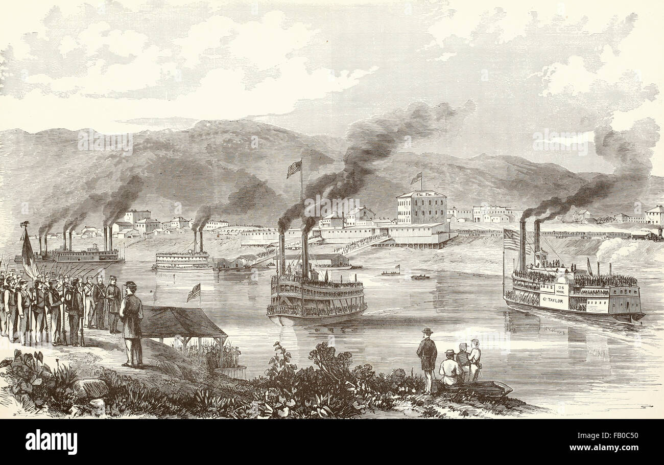 Bellaire, Ohio - Dampfschiffe, die Vermittlung von Truppen und Munition des Krieges für die Bundesrepublik auf dem großen Kanawha, USA Bürgerkrieg Kräfte Stockfoto