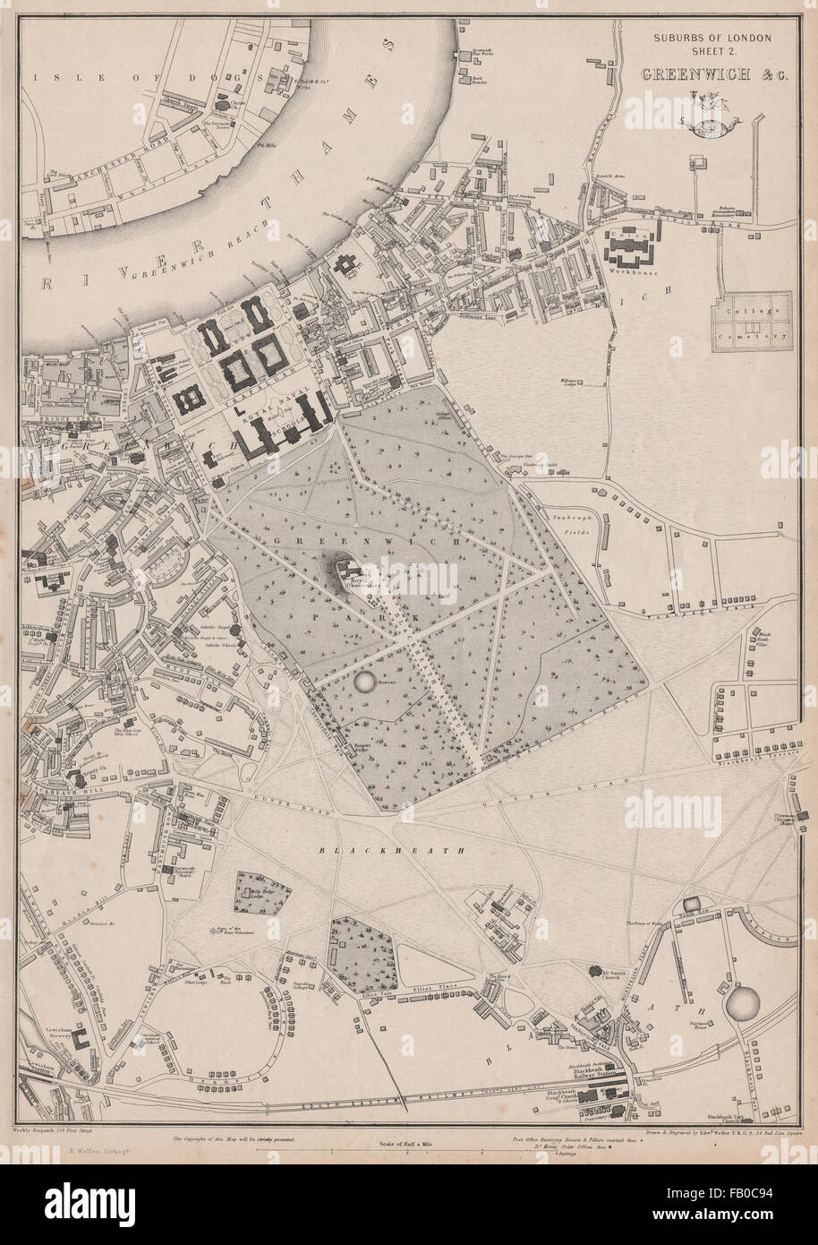 GREENWICH, BLACKHEATH & LEWISHAM. Vororte von London. Atlas.WELLER, 1862-Karte versenden Stockfoto