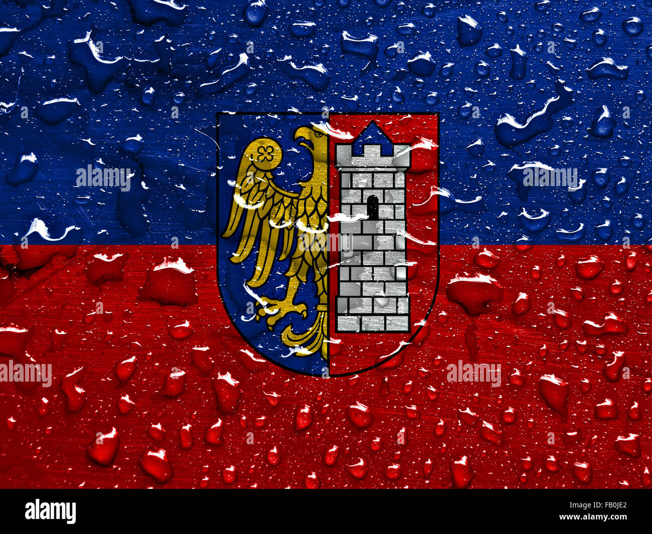 Flagge von Gliwice mit Regen fällt Stockfoto