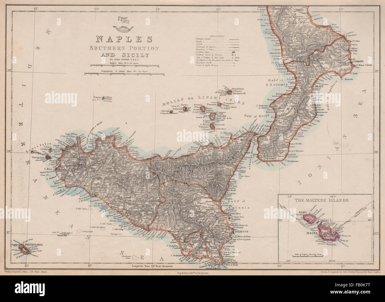 Königreich von Neapel/zwei Sizilien South. Sizilien-Malta-Italien. DOWER, 1862 alte Karte Stockfoto