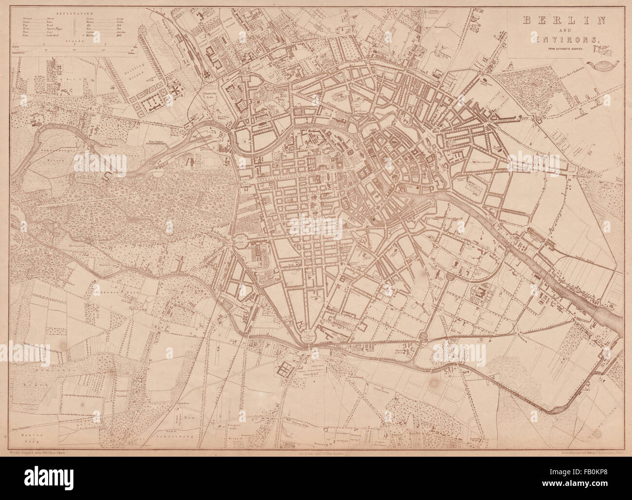 BERLIN. Große Stadt-Plan von T. ETTLING für den Versand Atlas, 1862-Karte Stockfoto