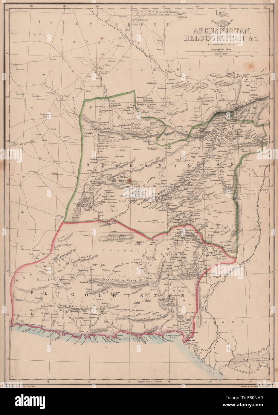 AFGHANISTAN & BELOOCHISTAN. Pakistan. Kabul Karatschi Quetta. WELLER, 1862-Karte Stockfoto