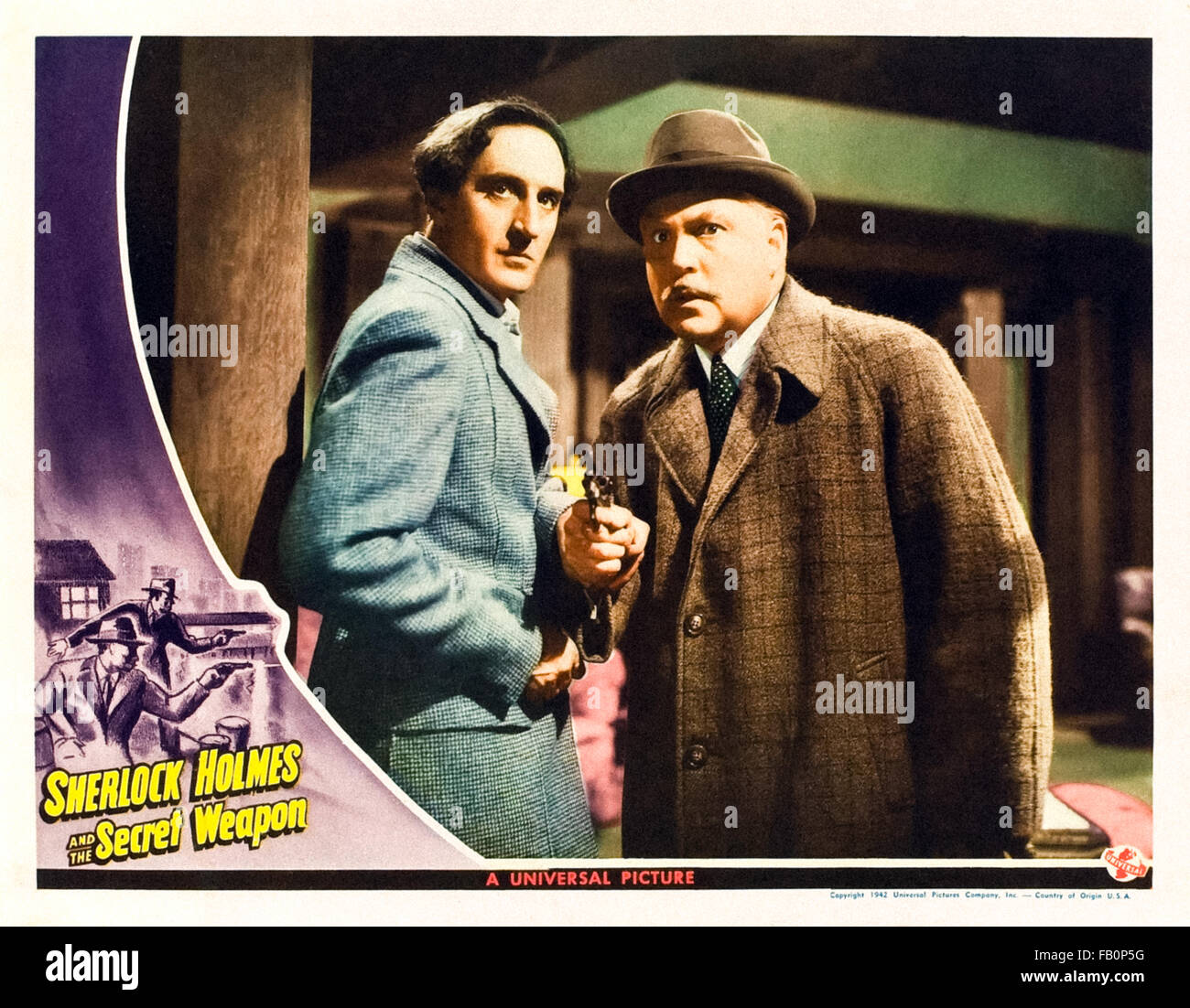 Lobby-Card für "Sherlock Holmes und die Geheimwaffe" 1942 Sherlock Holmes Film unter der Regie von Roy William Neill mit Basil Rathbone (Holmes) und Nigel Bruce (Watson). Stockfoto