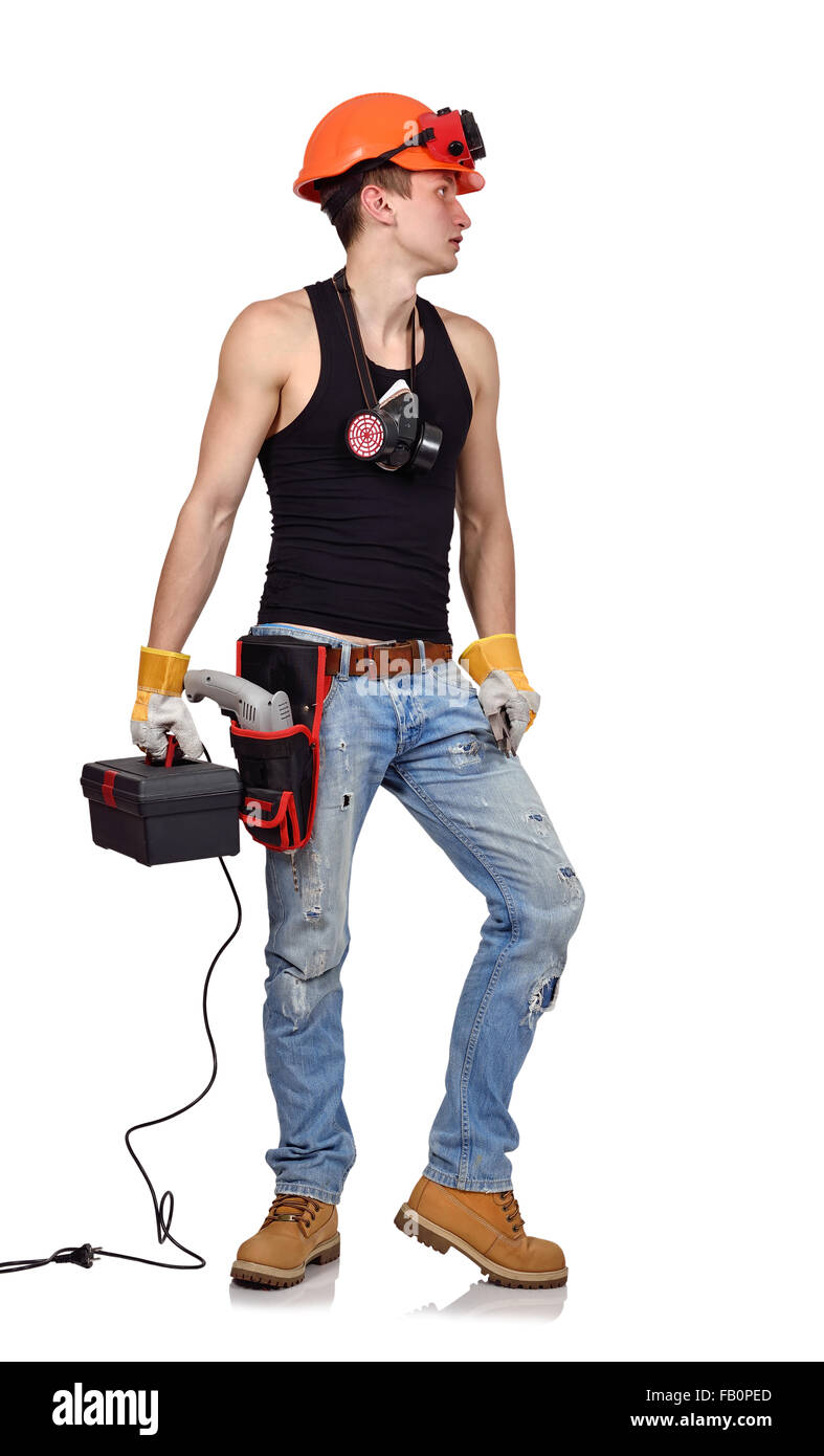 Arbeiter mit Werkzeuggürtel und Schraubenschlüssel auf weißem Hintergrund Stockfoto