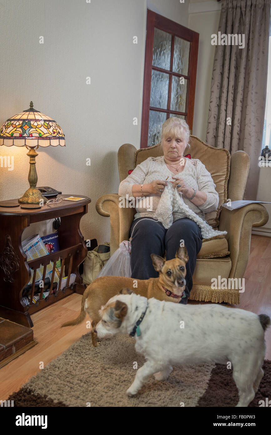 Eine ältere Dame zu Hause stricken in ihrem Sessel Stockfoto