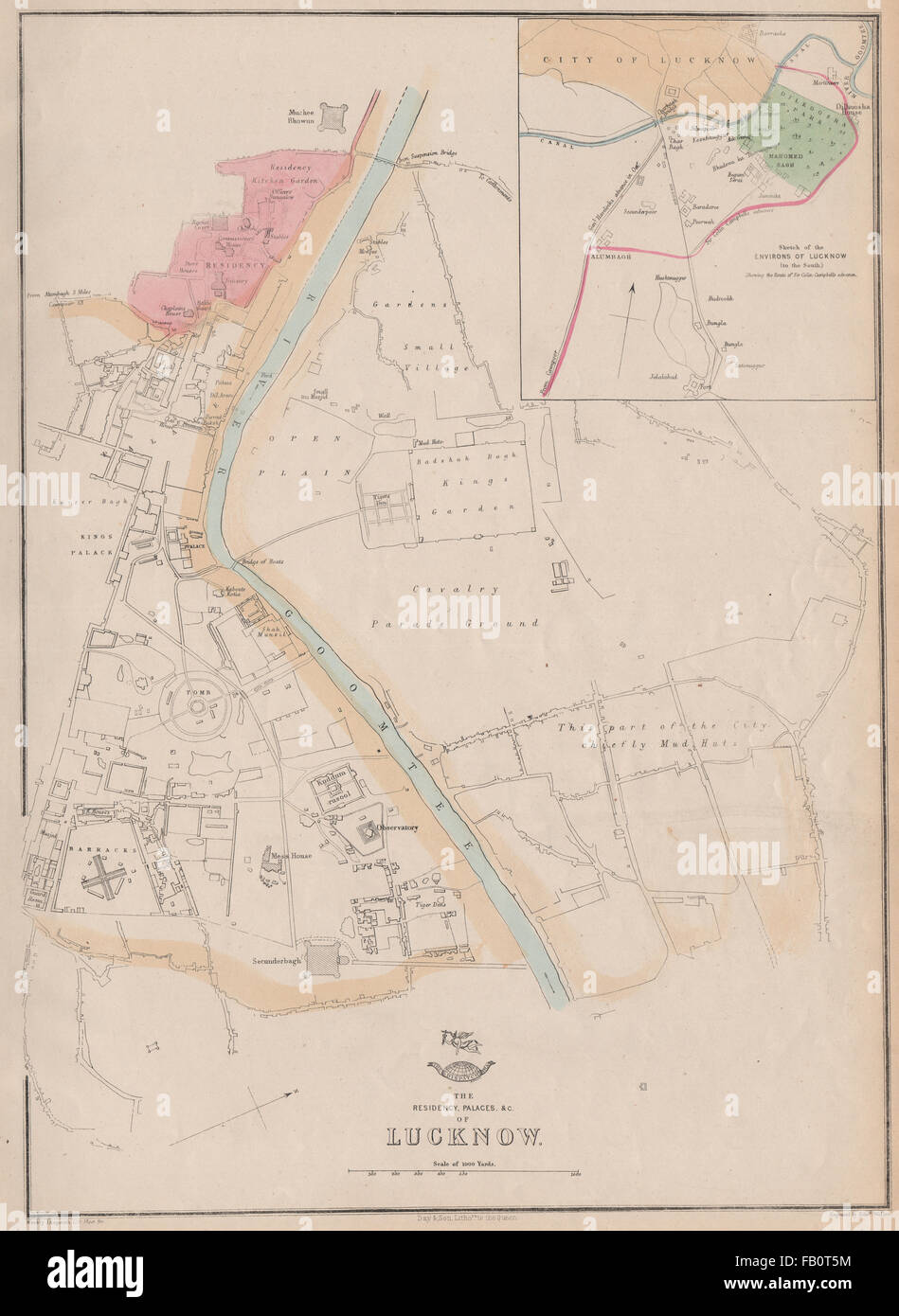LUCKNOW RESIDENCY & PALÄSTE. Stadtplan. Campbells Advance.WELLER, 1862-Karte zeigt Stockfoto