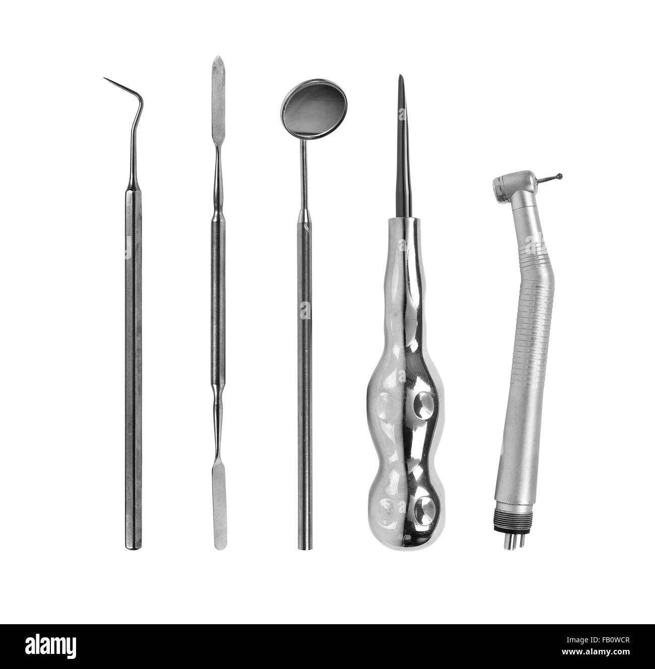 Zahnarzt medizinische Geräte-Werkzeuge auf weißem Hintergrund Stockfoto