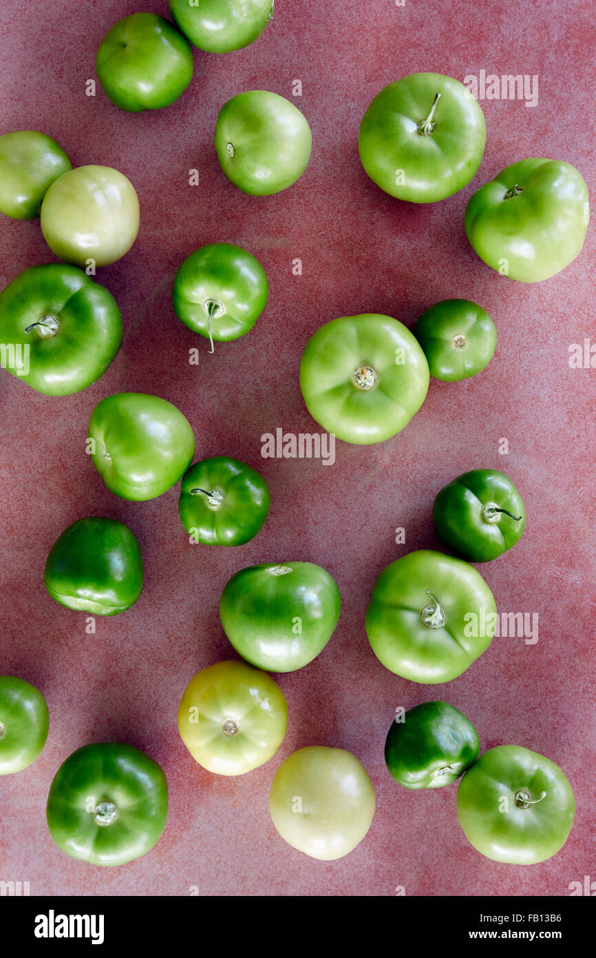 Grünen Tomatillos auf rotem Grund Stockfoto