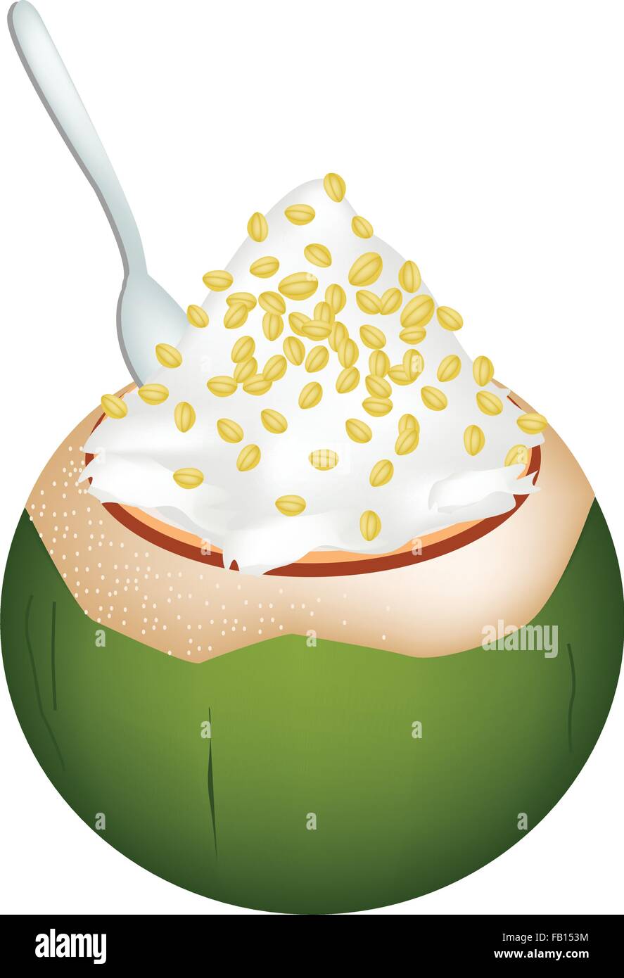 Süßes Essen und Dessert, zur Veranschaulichung der Kokos-Eis in Kokosnussschalen und gekrönt mit Erbsen. Stock Vektor