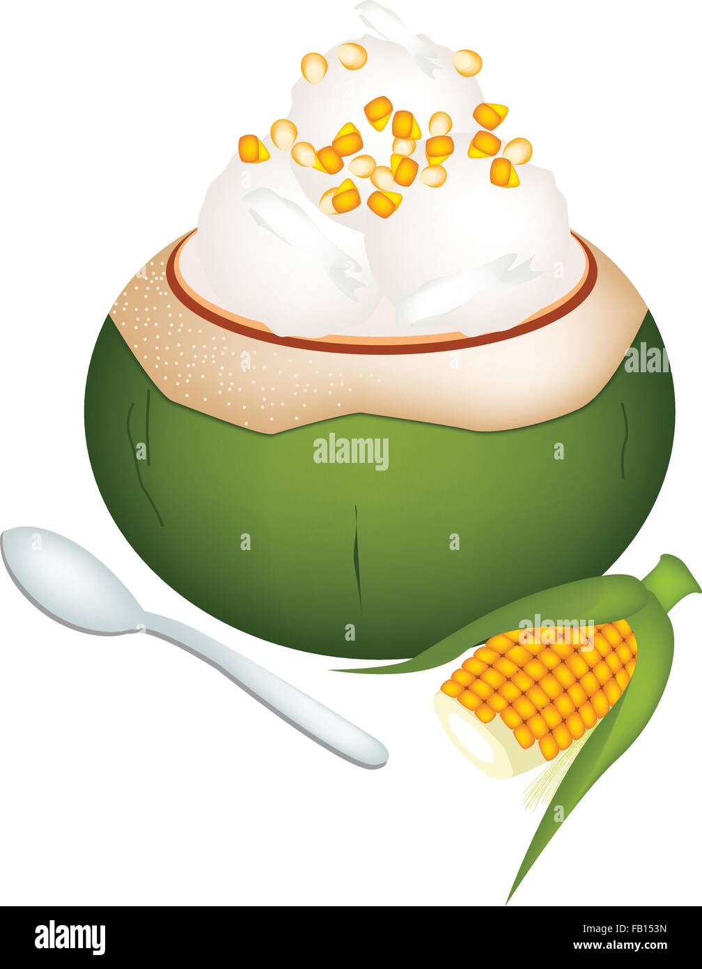 Süßes Essen und Dessert, zur Veranschaulichung der Kokos-Eis in Kokosnussschalen und garniert mit Sweetcorns. Stock Vektor