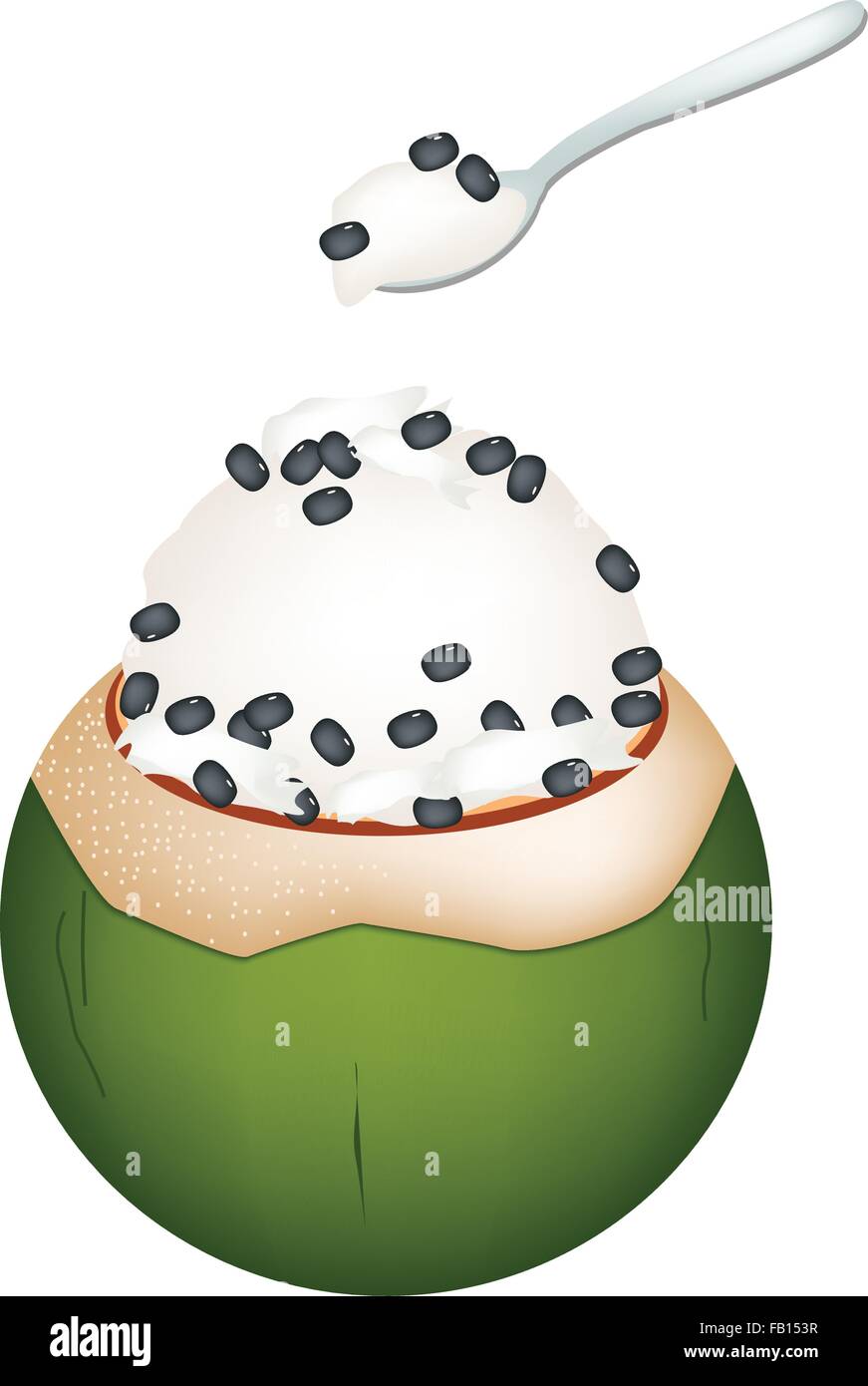 Süßes Essen und Dessert, zur Veranschaulichung der Kokos-Eis in Kokosnussschalen und gekrönt mit schwarzen Bohnen. Stock Vektor