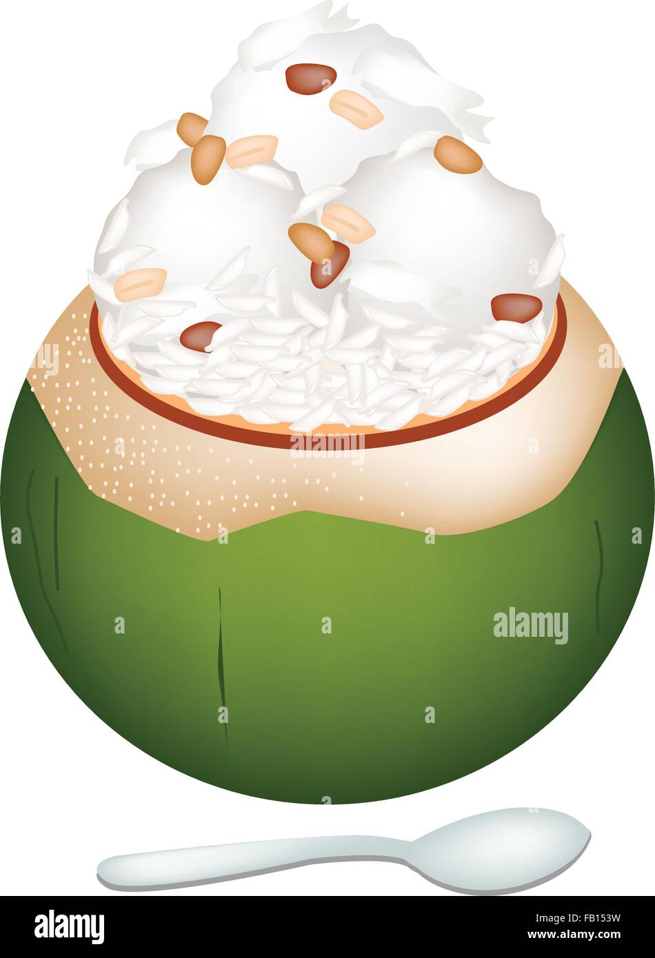 Süßes Essen und Dessert, zur Veranschaulichung der Kokos-Eis in Kokosnussschalen und garniert mit gerösteten Erdnüssen. Stock Vektor