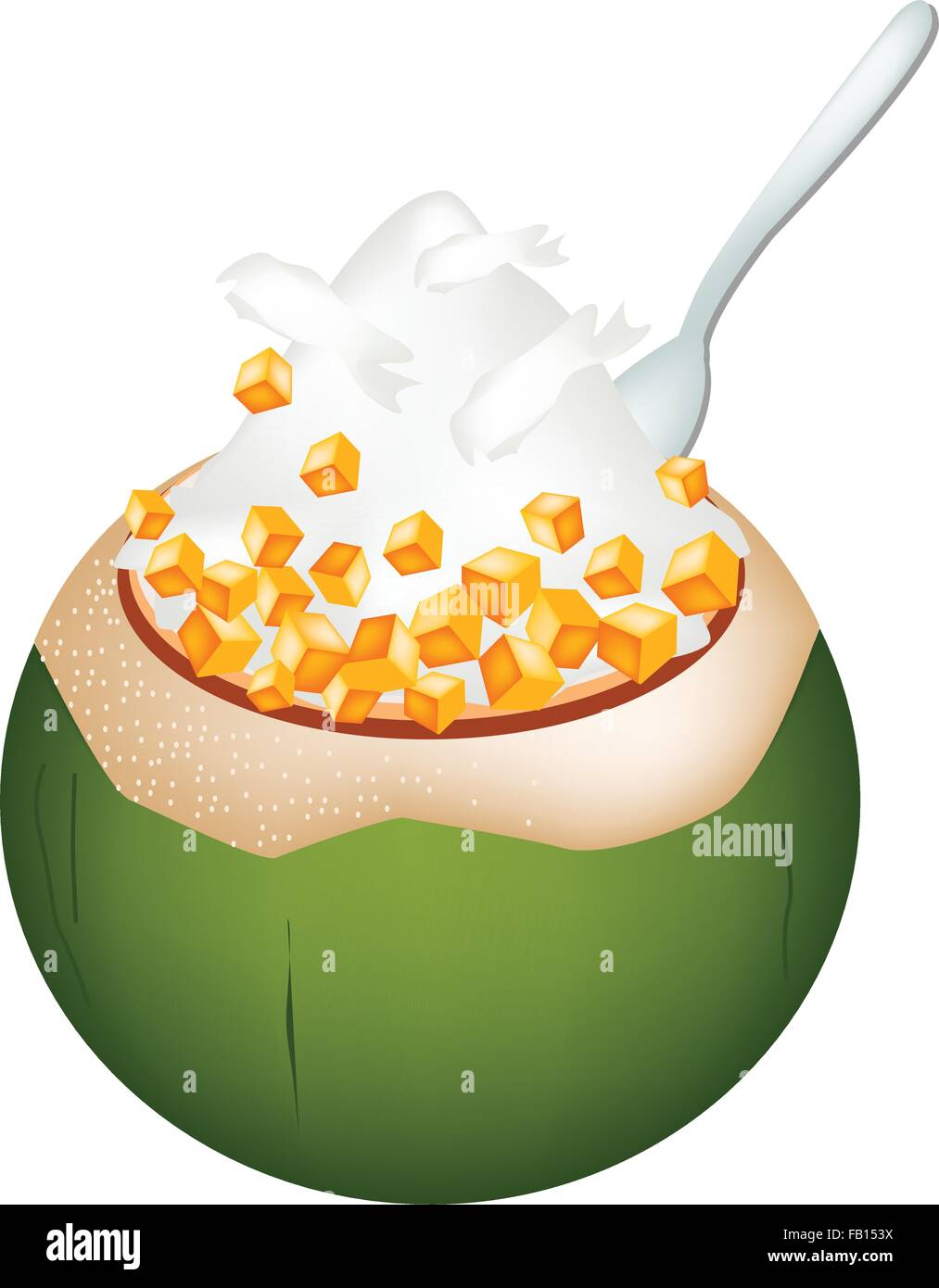 Süßes Essen und Dessert, zur Veranschaulichung der Kokos-Eis in Kokosnussschalen und garniert mit gerösteten Erdnüssen und Süßkartoffeln Stock Vektor