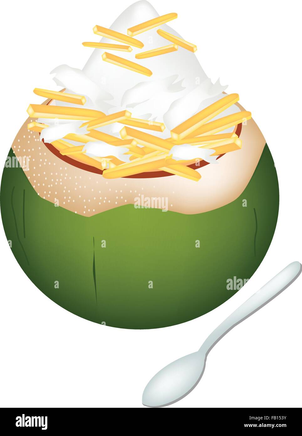 Süßes Essen und Dessert, zur Veranschaulichung der Kokos-Eis in Kokosnussschalen und garniert mit gerösteten Erdnüssen. Stock Vektor