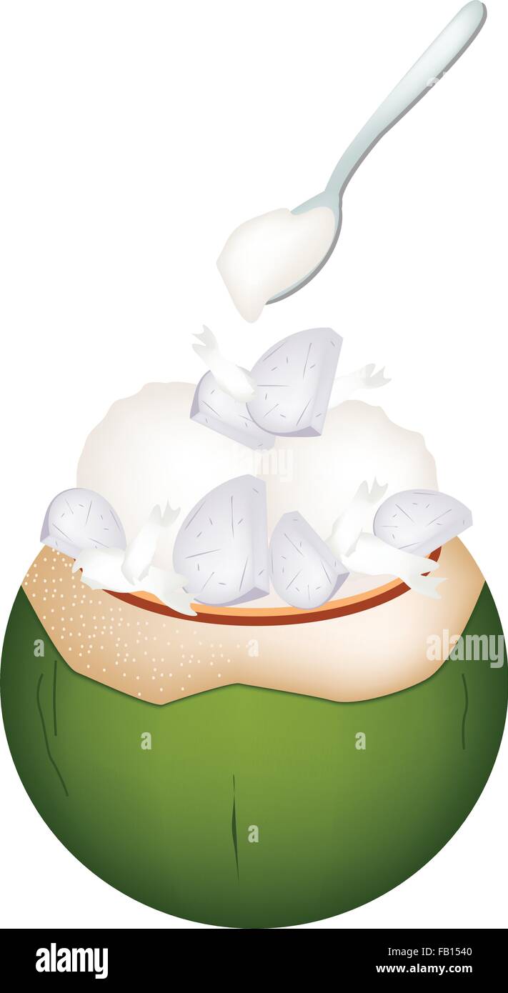 Süßes Essen und Dessert, zur Veranschaulichung der Kokos-Eis in Kokosnussschalen und garniert mit gerösteten Erdnüssen und süßen Taro. Stock Vektor