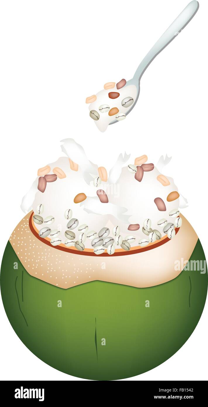 Süßes Essen und Dessert, zur Veranschaulichung der Kokos-Eis in Kokosnussschalen und garniert mit gerösteten Erdnüssen und Coix Samen, Chi Stock Vektor