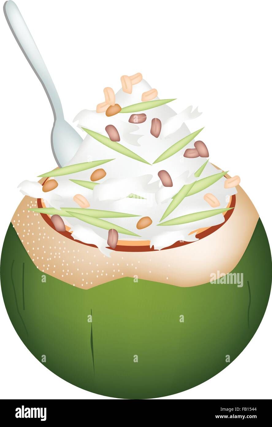 Süßes Essen und Dessert, eine Abbildung von Kokos-Eis in Kokosnussschalen und garniert mit geröstete Erdnüsse und grünen Reis keine Stock Vektor
