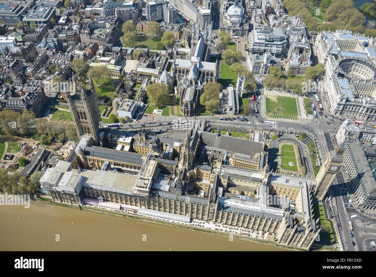 Eine steile Luftaufnahme der Houses of Parliament, Westminster Stockfoto