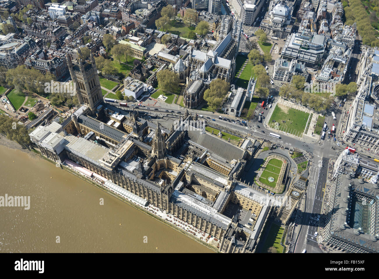 Eine steile Luftaufnahme der Houses of Parliament, Westminster Stockfoto