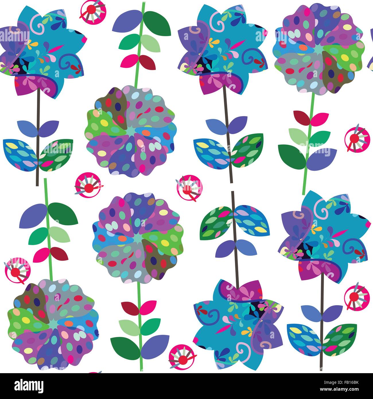 Nahtlose Blumenmuster mit bunten Blumen in den Farben blau, grün, rosa und Musterdesigns im Swatch-Menü, Vektor-illustratio Stock Vektor