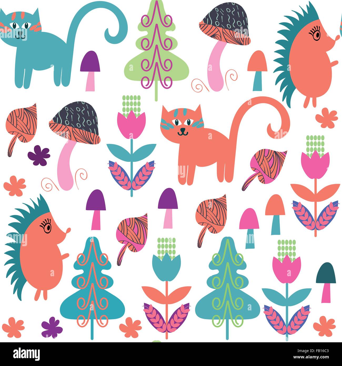 Süße Tiere Musterdesign mit Katzen und Igel und nahtlose Muster im Swatch-Menü, Vektor Stock Vektor