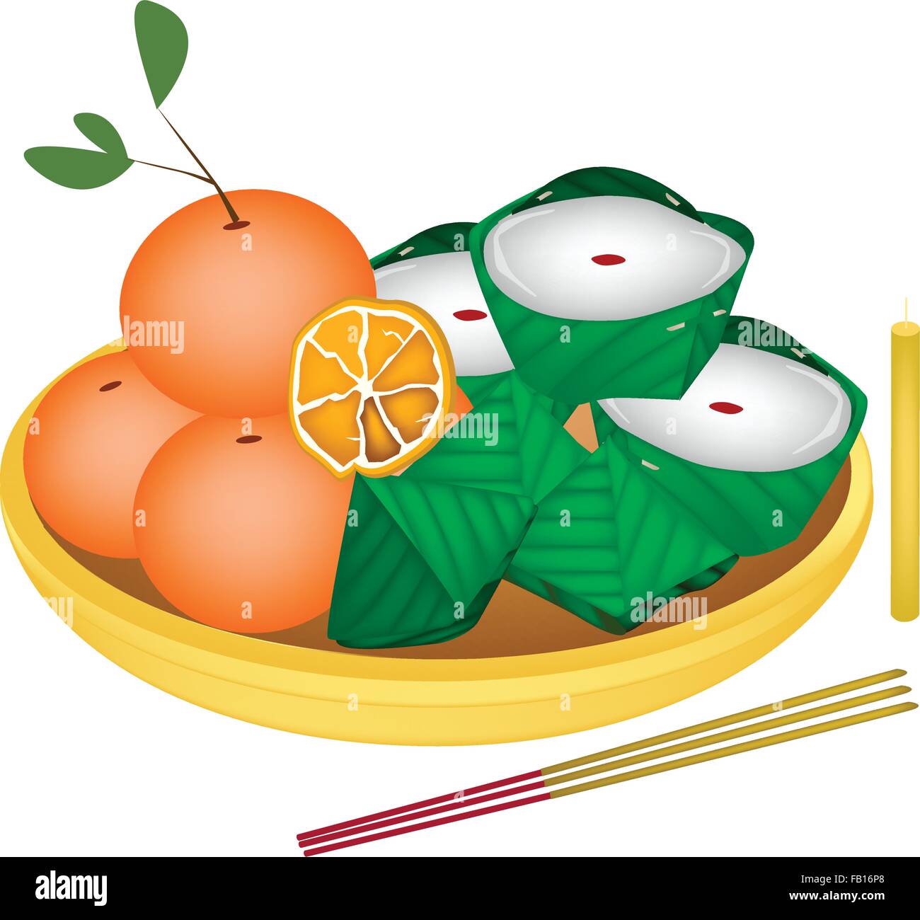 Gefüllte Teig-Pyramide-Dessert und chinesischen Pudding oder chinesische Leckerei mit süßer Orange für Pay gegenüber Gott in chinesischen neuen Y Stock Vektor