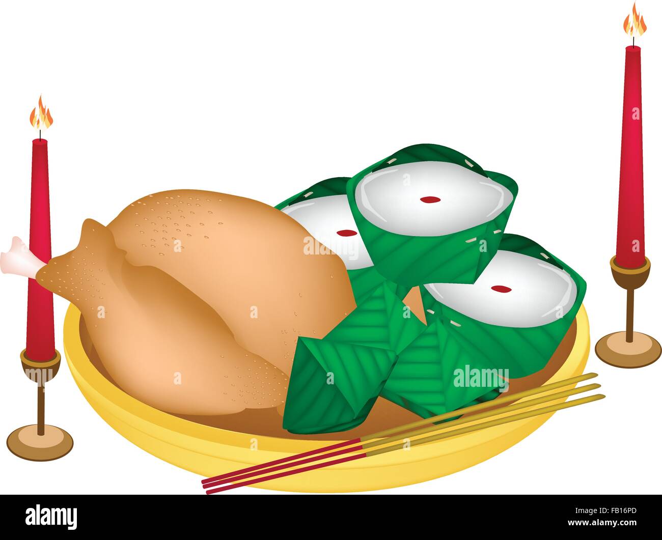 Gefüllte Teig-Pyramide-Dessert und chinesischen Pudding oder chinesische Leckerei mit gekochtes Huhn oder gekochte Ente für Pay gegenüber Gott Stock Vektor