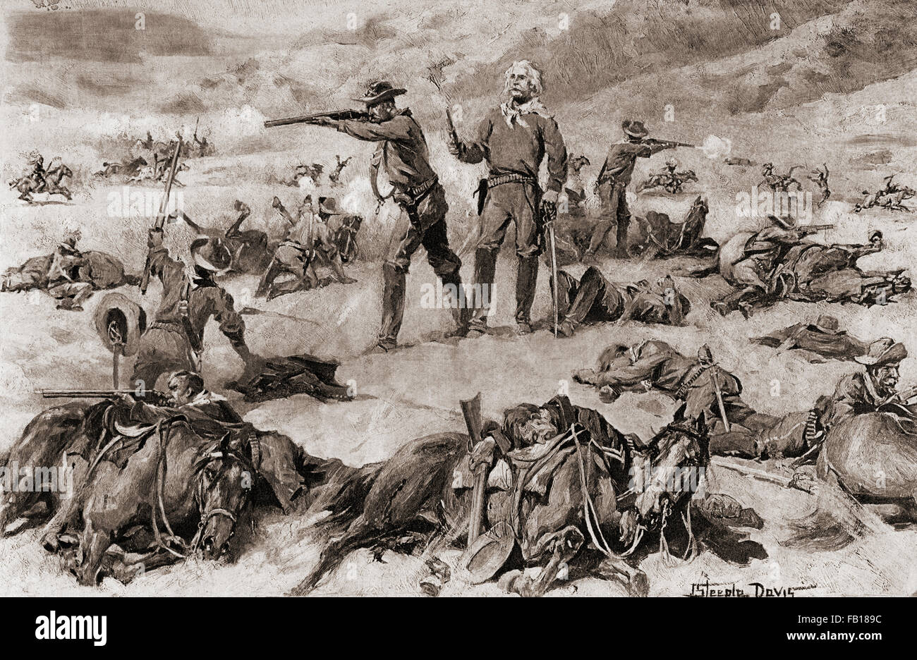 Custer's Last Stand in der Schlacht von Little Bighorn 1876.  George Armstrong Custer, 1839 – 1876.  United States Army Officer und Kavallerie Kommandant in Amerikanischer Bürgerkrieg und die American Indian Wars. Stockfoto