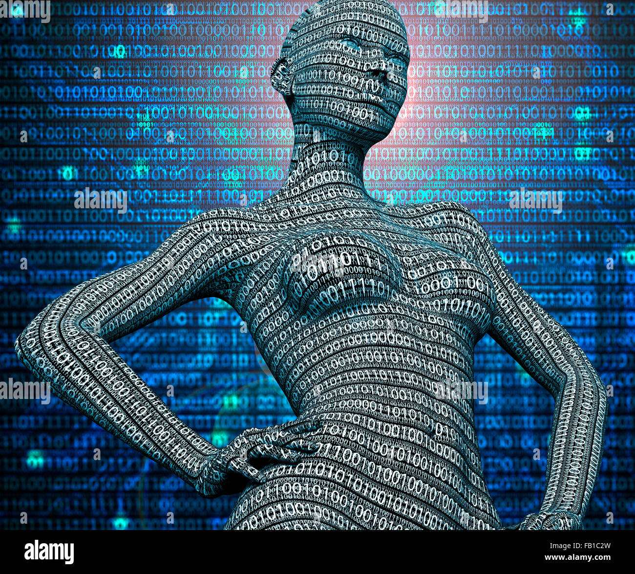 elektronische Frau oder weiblichen Cyborg auf binäre Hintergrund isoliert Stockfoto