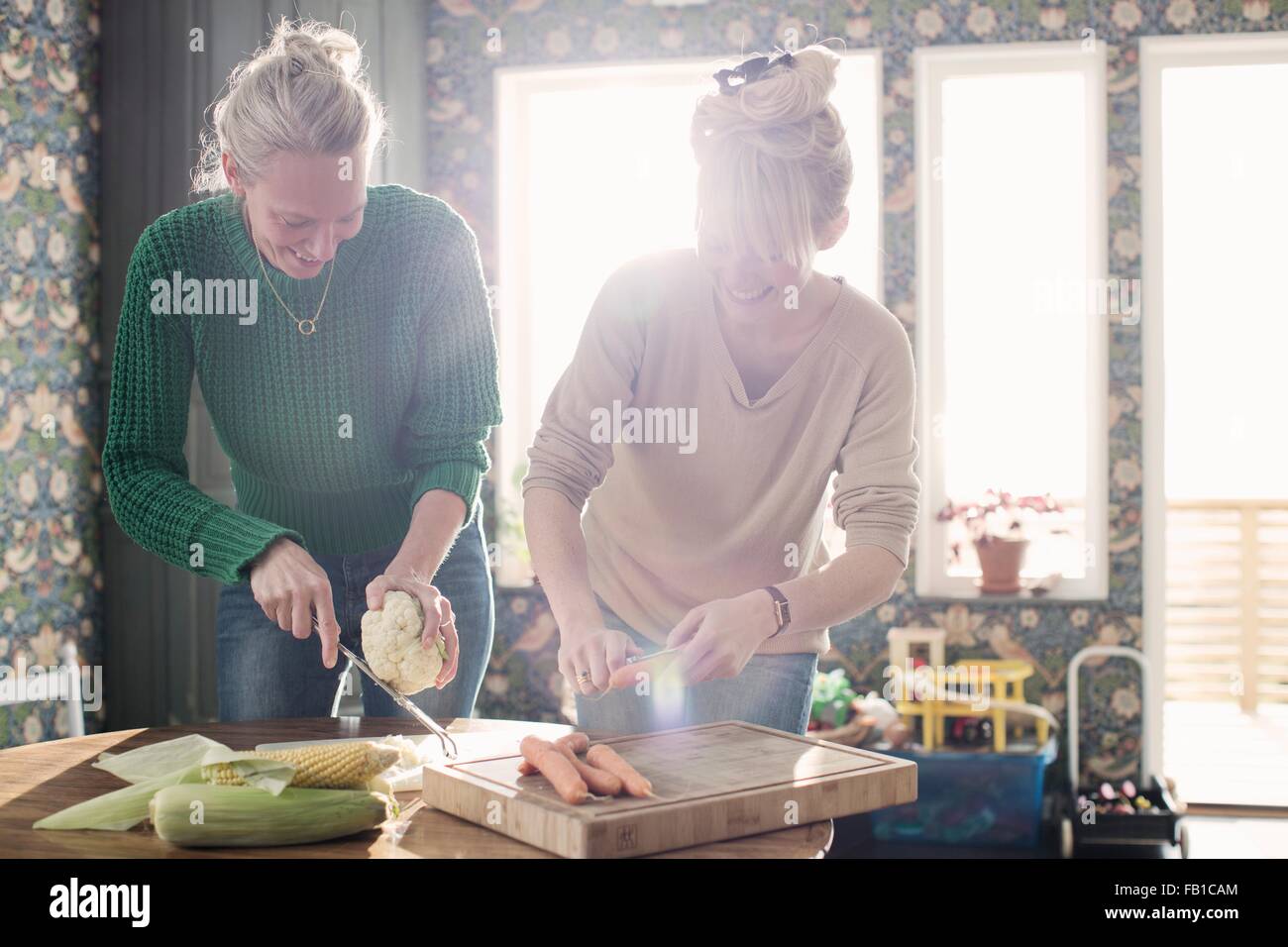 Zwei Freundinnen, die Vorbereitung von Bio-Gemüse in der Küche Stockfoto