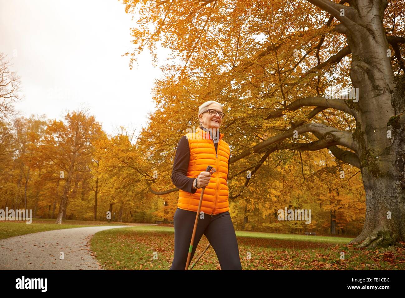 Senior weiblichen nordic Walker schreiten im Herbst park Stockfoto