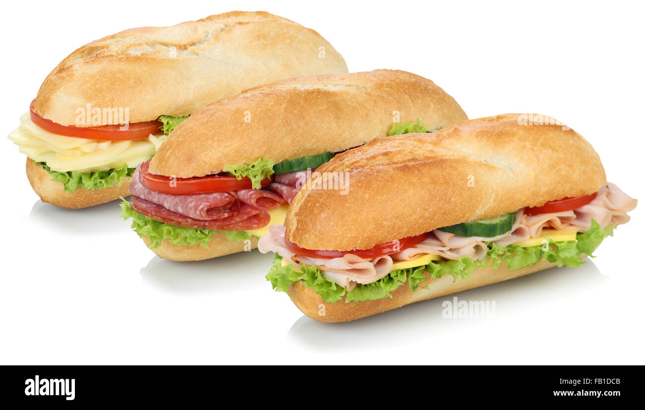 Sammlung von Sub Sandwiches Baguettes mit Salami, Schinken und Käse auf einem weißen Hintergrund isoliert Stockfoto