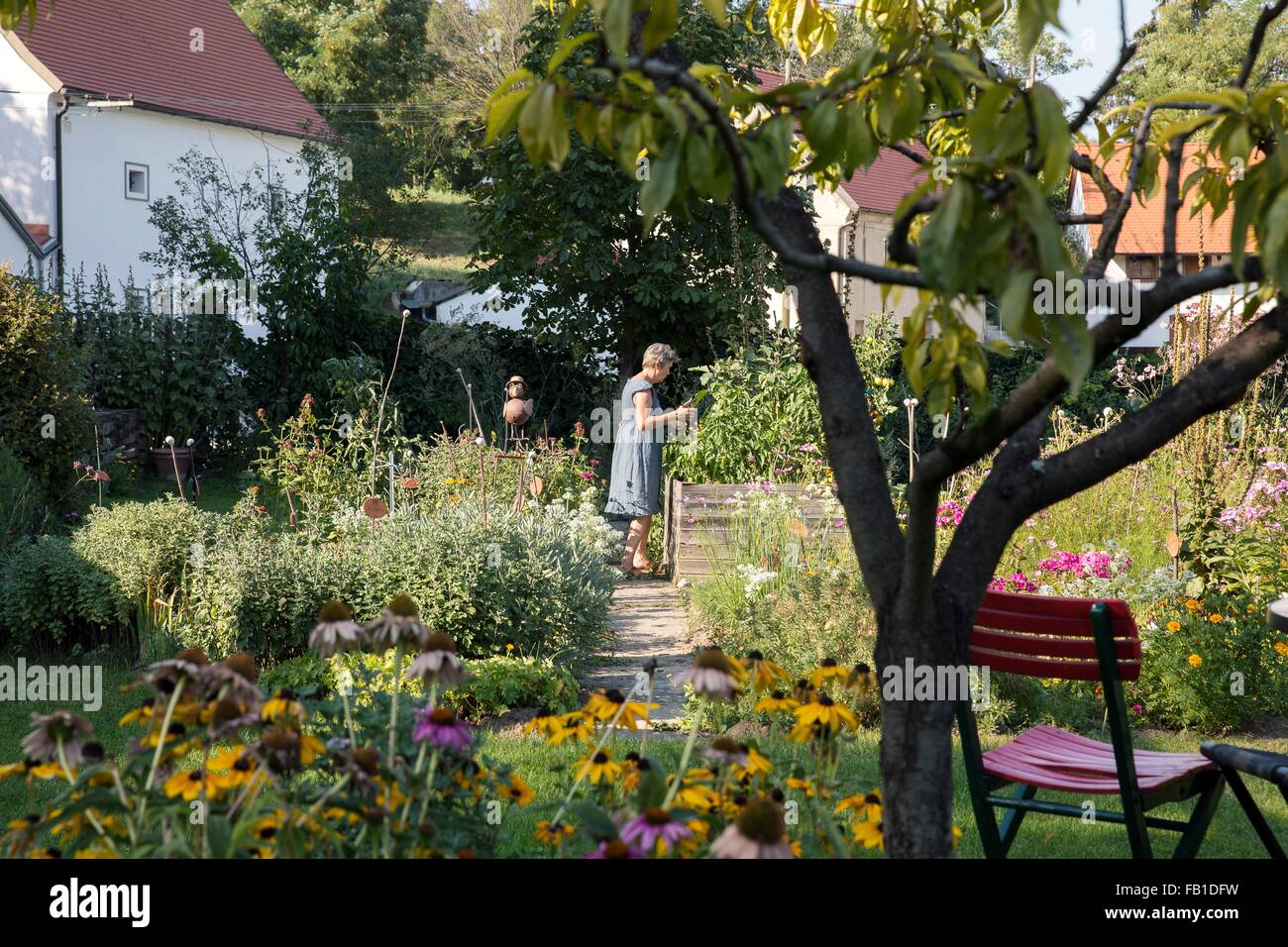 Reife Frau im Garten Stockfoto